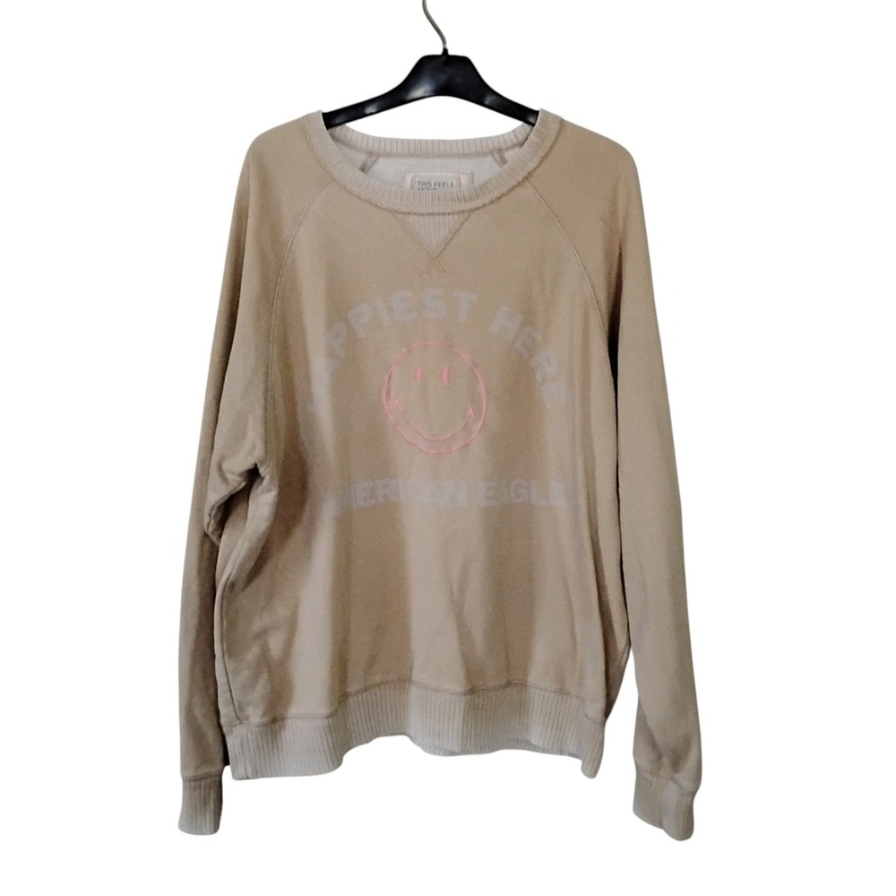 American Eagle Happiest Here Smiley Face Sweatshirt Tan XL Seriously Lived-In